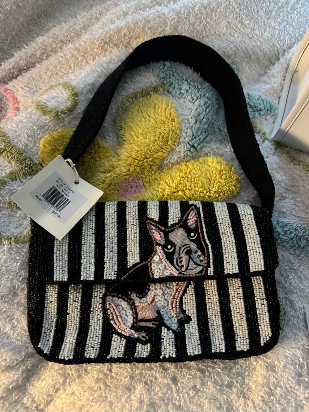 NWT Sol and Mer Beaded French Bulldog Striped Shoulder Flap Purse MSRP $88